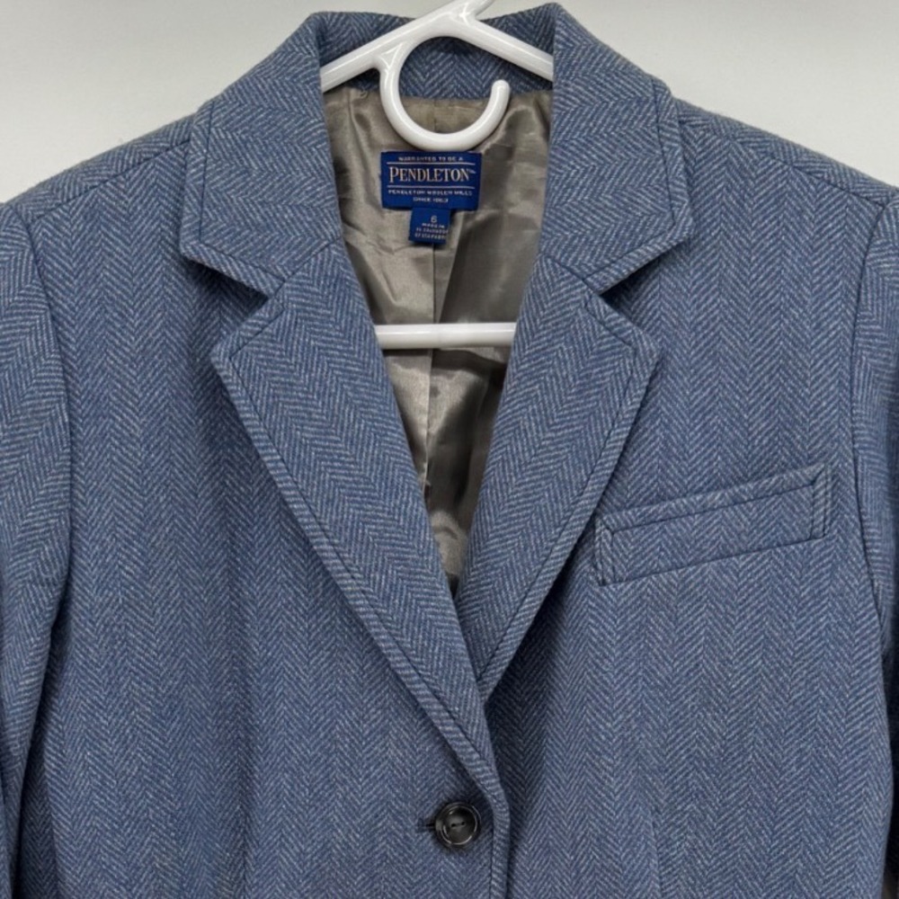 Pendleton Womens Blue Herringbone Wool Blazer Jacket with Elbow Patches Size 6